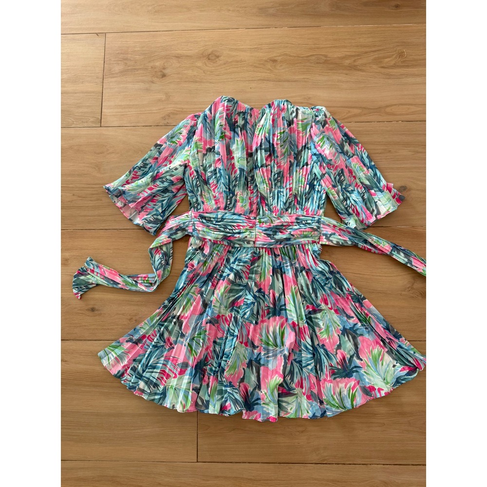 Saylor Tropical Palm Print Pleated Mini Dress Pink Blue V-Neck Size‎ S - Picture 4 of 4
